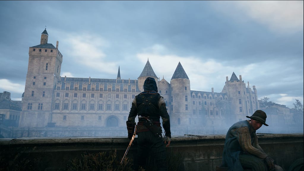 Personnage du jeu vidéo Assassin Creed Unity devant le Palais royal de la cité, bâtiment pour toujours lié aux capétiens.